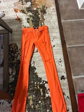 Jordan Craig Bright Orange Distressed Flare Jeans